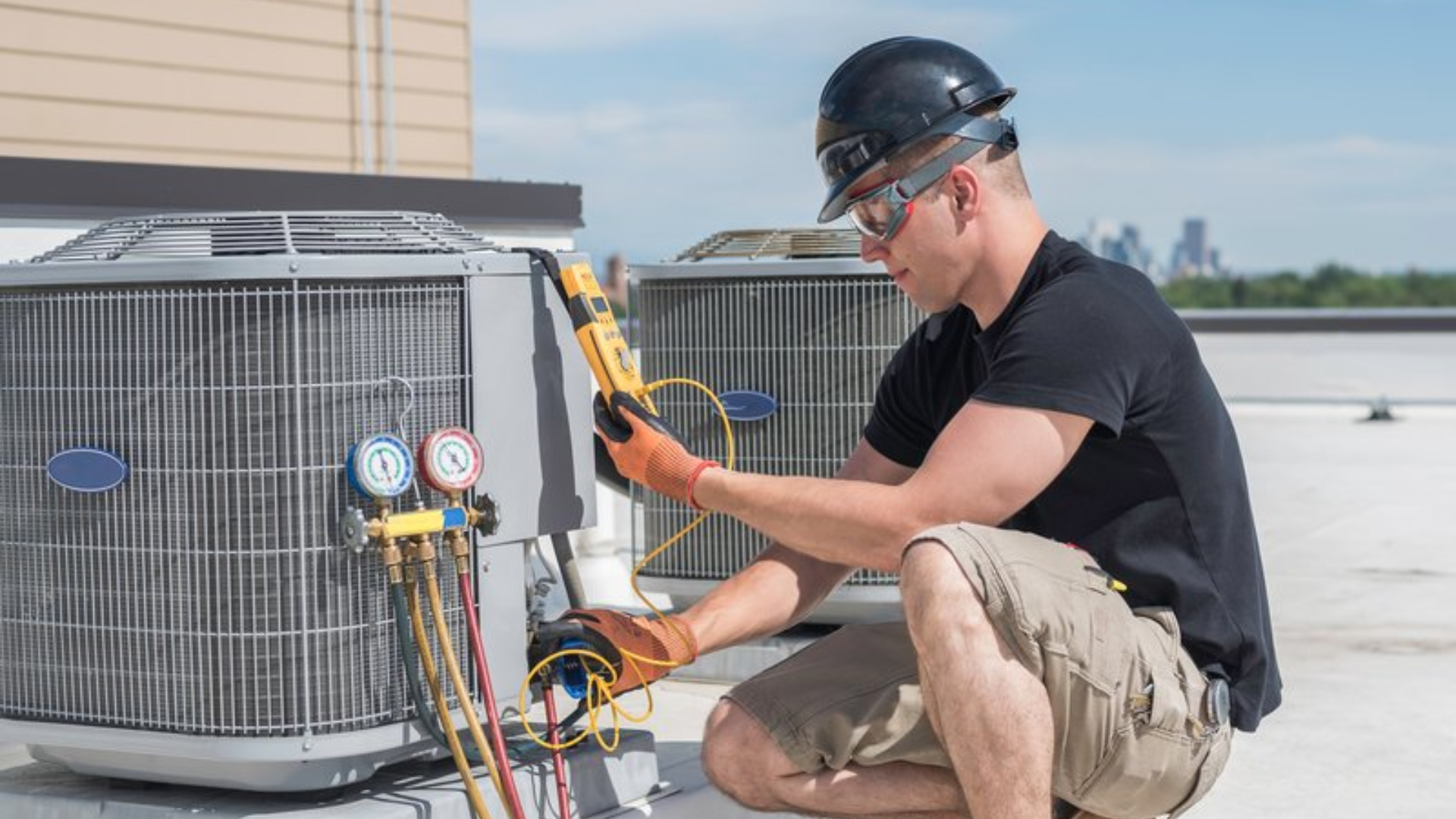 HVAC technician working on military facility equipment